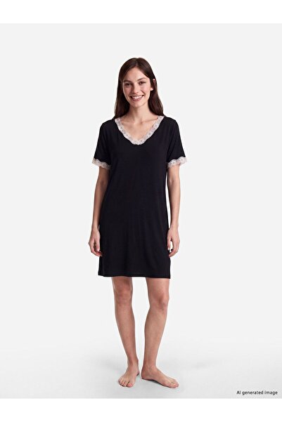 LC Waikiki Lcw Dream Black V-Neck Lace Detailed Women's Nightgown