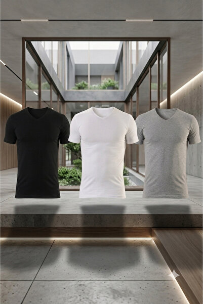 Hmd Men's V-Neck Short Sleeve Cotton Lycra 3-Piece Undershirt 702-703