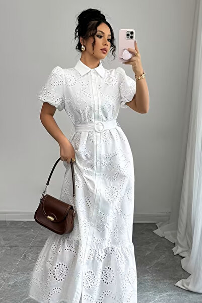 missamour White Shirt Collar Buttoned Belted Dress