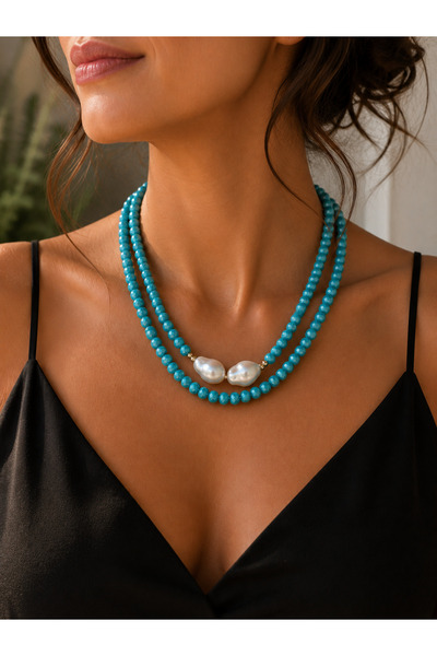 QUEENELA Turquoise Necklace with Pearl Details