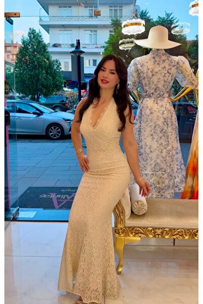 Hatice Altıntaş EKRU DANTEL BOYUNDAN BAĞLAMALI BALIK ELBİSE