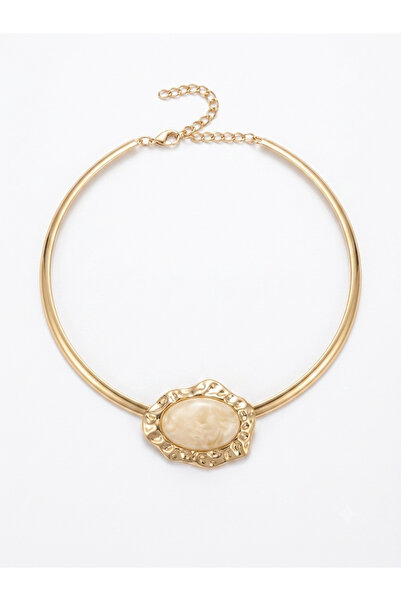 Altın Kaplama Ekru Taşlı Mermer Desenli Choker Kolye