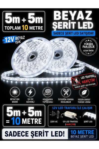 ECONA 10 MT BEYAZ, Şerit LED Bantlı ,Mutfak Dolabı Tezgah Aydınlatması Led 12...