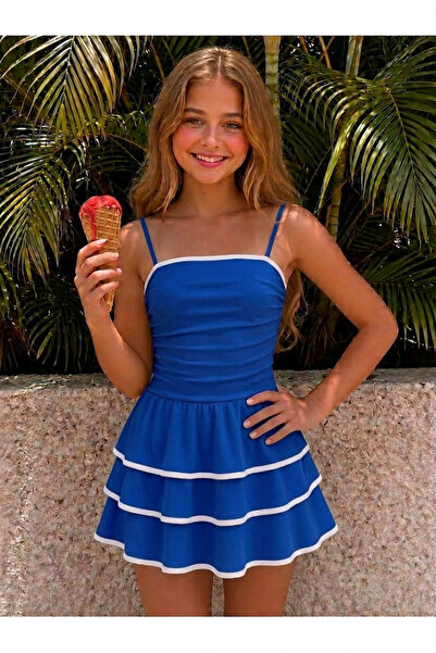 Machetta Girl's White Ruffle Dress with Piping Detail and Rope Straps