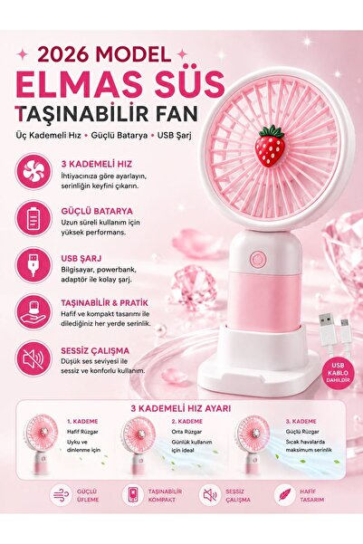 E Elmas Çilek Tasarım 3 Kademeli Sessiz Mini El Masa Fan Vantilatör Turbo Üfl...