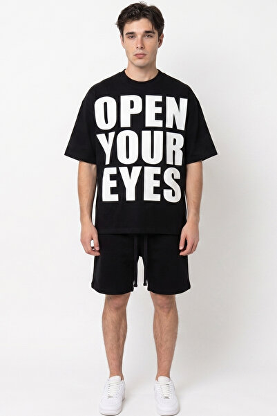 EFFRENATU Men's T-Shirt Shorts Set Open Your Eyes Slogan Printed Oversized