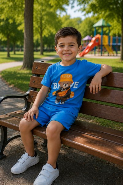 Yalçınoğlu Kids Set pantaloni scurți din bumbac pieptănat cu imprimeu pentru băieți 3-5 ani I Set pantaloni scurți din bumbac pieptănat I Set pantaloni scurți din bumbac pieptănat cu mânecă scurtă