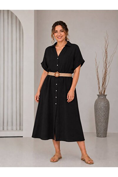 MENSAR OTANTİK Straw Belt Detailed Buttoned Cotton Dress 📍 38/48 Size Compat...