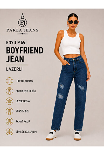 Parla Jeans بنطلون جينز نسائي من الليكرا باللون الأزرق الداكن بخصر مرتفع ومري...