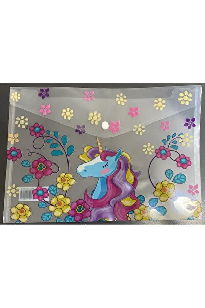 Unicorn Desenli Çiçekli Şeffaf Dosya Organizeri - Renkli Unicorn Baskılı A4 Evrak Çantası