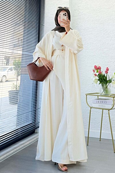MELEK ARAZ Premium Miena Keten Üçlü Abaya Takım - Naturel