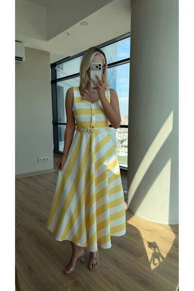 Lady Pixie Marina Striped Strap Belt Detailed Midi Dress
