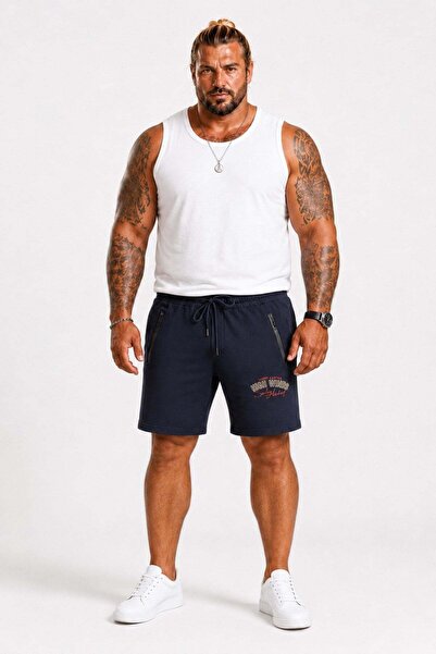 MocGrande Large Size Zippered High Winds Combed Cotton Shorts 26621 Navy Blue