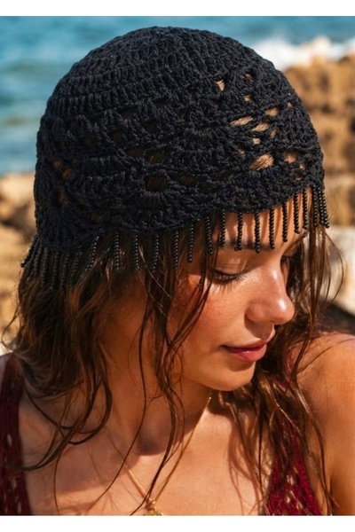 Kervan Pazar Women's Imported Hand-Knitted Bohemian Style Beaded Hair Net Beanie