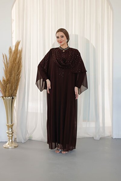 Melisa Boutique By Selma Özkan Taşlı Drapeli İkili Takım, Kahverengi Tesettür...