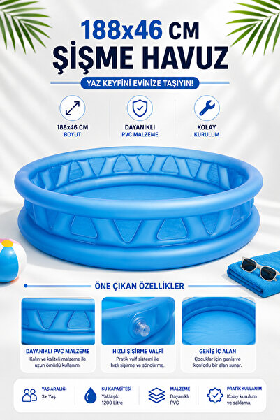 NeoThings Şişme Çocuk Havuzu 188x46 Cm Yumuşak Tabanlı Geniş Bahçe Balkon Ter...