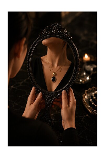 AURA ATELİER MODA Black Stone Gold Color Thin Chain Dangle Necklace Women's Gift