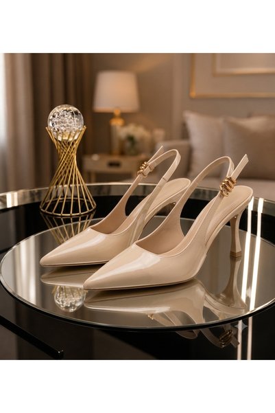 rephro store Beige Patent Leather Pointed Toe Open Back Women's Evening Dress Shoes