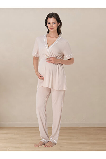 ByLohusa Comfortable Fit Short Sleeve Maternity Pajama Set Effortt - Beige