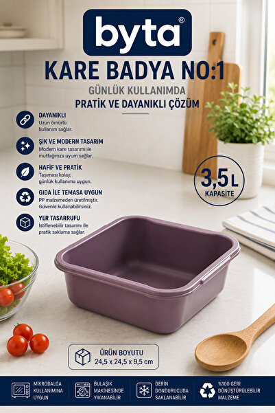 BYTA 3.5 L Square Plastic Basin No:1 Bpa-Free Multi-Purpose Food Preparation,...