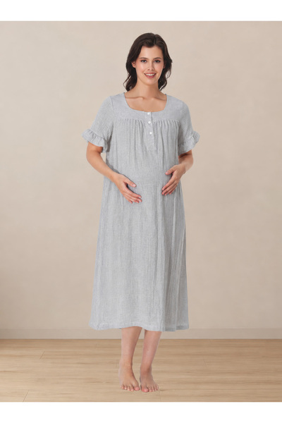 ByLohusa Short Sleeve Muslin Fabric Maternity Nightgown with Breastfeeding Fe...