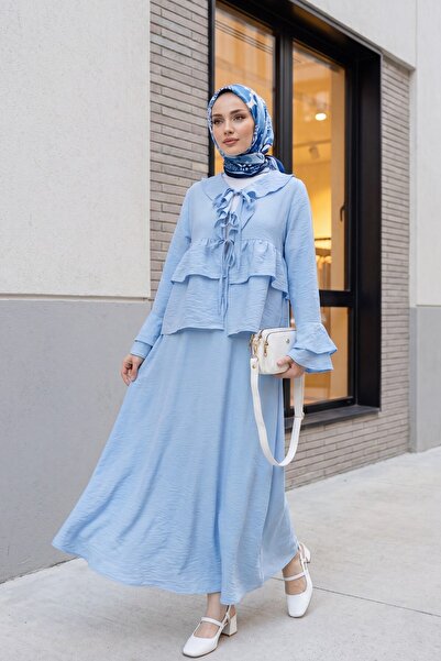Modamorfo Tied Front Ruffled Spanish Sleeve Skirted Cupra Kimono Set - Baby Blue