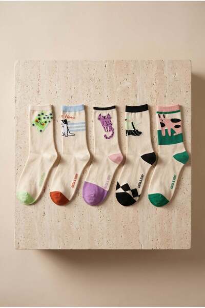 Katia&Bony Women's 5-Piece Cat Patterned Multi-Colored Socks
