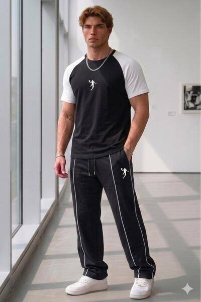 NO 601 Men's Black-White Raglan T-Shirt Black Double Ribbed Lisbon Dribble Pr...