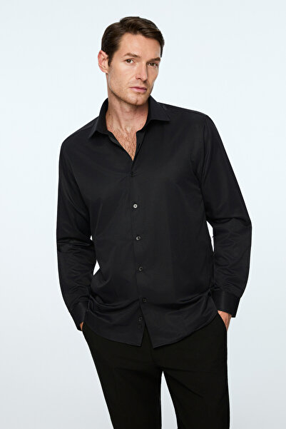 Morven Men's Black Plain Slim Fit Hard Collar Shirt