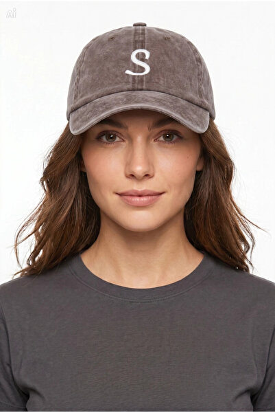ŞapkaMania Black Embroidered Washable Vintage Unisex Hat with Letter S