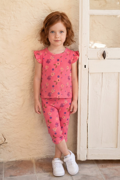 Fulla Moda Ribbed Floral Patterned Ruffled Girls' 2-Piece Set