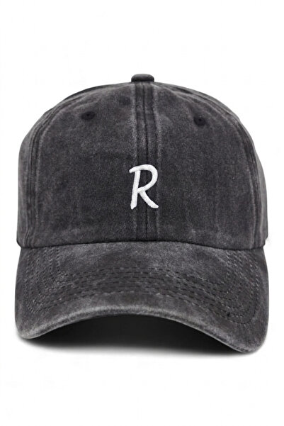 ŞapkaMania Black Embroidered Washable Vintage Unisex Hat with Letter R