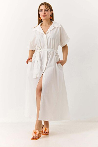 Raneel Kazançlı Alışveriş Women's Polo Collar Midi Length Belted Dress White