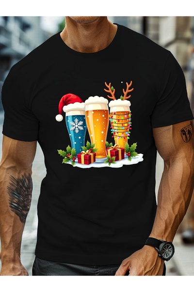 BASEPULSE Men's Christmas Mug T-Shirt with Santa Hat Snowflake Print Black Go...