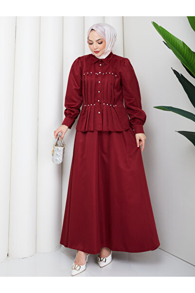 EFSUN MODA Elegant Pleated Skirt with Pearl Details and Tessel Trimmed Suit