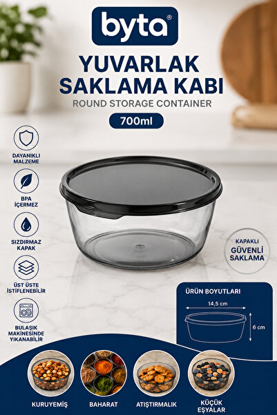 BYTA 700 ml Yuvarlak Saklama Kabı Kapaklı Şeffaf Gıda Saklama Kabı BPA'sız Ço...