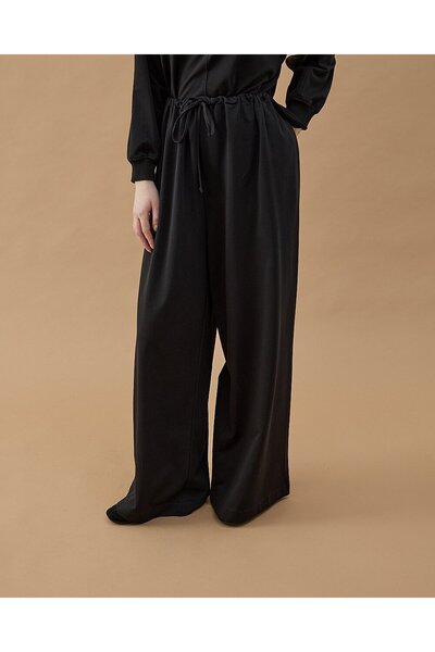 Aybikestil Cotton İki İplik Wide Leg Bol Eşofman Altı Siyah
