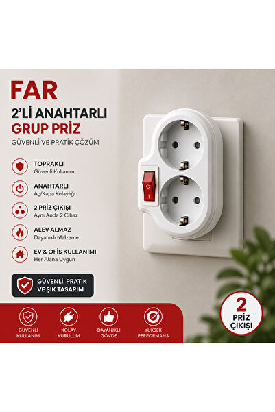 FAR İkili Anahtarlı Grup Priz 2'li Topraklı Çoklu Priz Beyaz Anahtarlı Priz Ç...