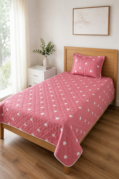 Onaltı Tekstil Heart Patterned Embroidery Detailed Single Bedspread Set