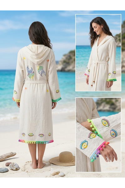 Satori Design Kapüşonlu Denizli Buldan Kumaşı Pareo Kimono - El Boyaması Taht...