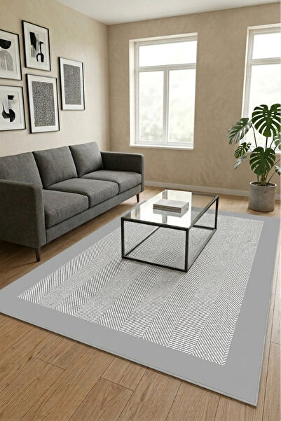 Bordo Halı Modern Gri Çerçeveli Balıksırtı Desenli Dijital Baskı Kaymaz Taban...