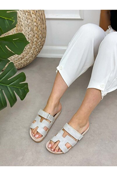ERVANIN BUTİĞİ Ice Gray Suede (Lavender) Velcro Women's Slippers