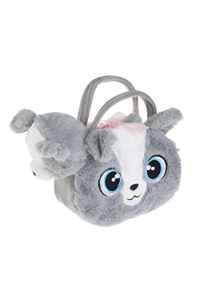 OEM Câine de pluș gri și alb cu geantă din blană artificială, model câine 22 cm