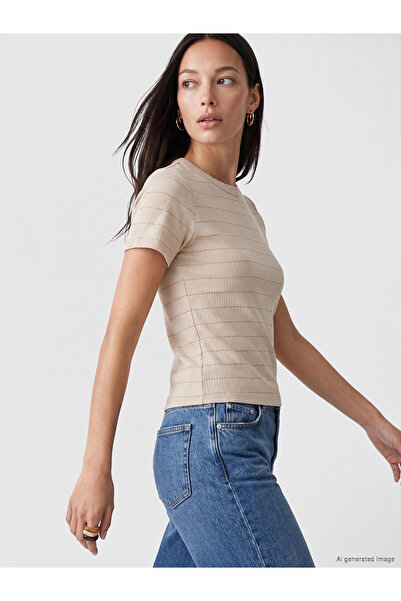 LC Waikiki Nevavm Women's Ribbed T-Shirt with Oval Neckline and Stripes