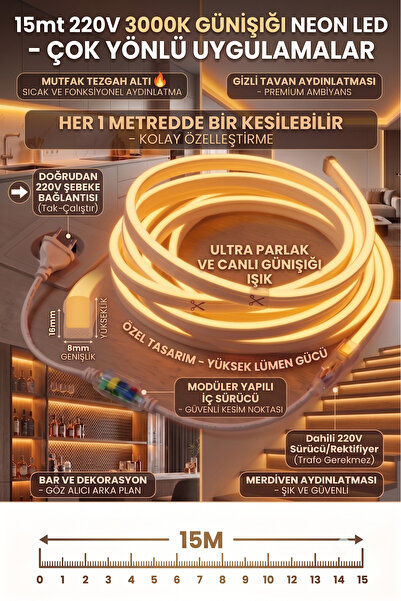 ECONA 15 Metre GÜNIŞIĞI-3000K 220V Neon LED Şerit ,Tak Çalıştır Set, Fişli Es...