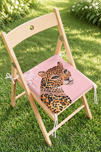 Home Leopar ve İnci Kolye Desenli Pembe Fermuarlı Sandalye Minderi - Modern D...