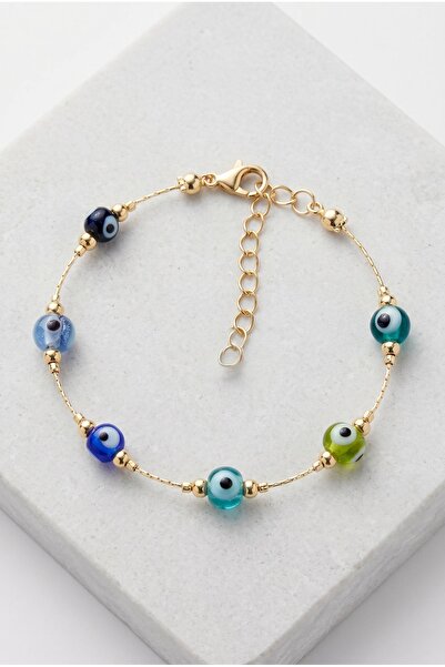 Mijja 6 Chunky Glass Colorful Evil Eye Beads Detailed Gold Chain Lacquer Plat...