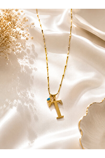 Lilith Takı Steel Necklace with Letter t and Evil Eye Beads |   Gold Letter N...