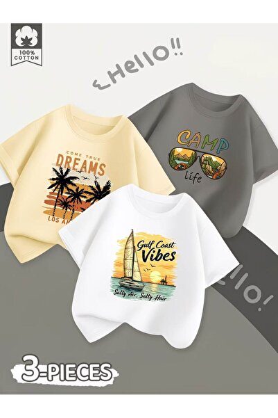 VESTIR BIEN تي شيرت من القطن المطبوع من Vibes Dreams Camp مكون من 3 قطع