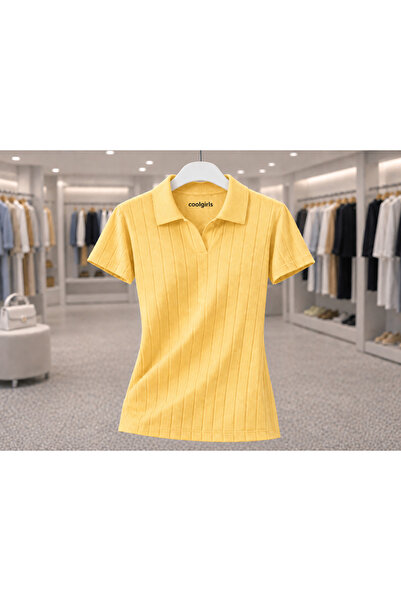COOLGİRLS Kadın Polo Yaka Fitilli Triko Bluz Kısa Kollu Yazlık Günlük Şık